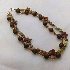 Mixed‎ media jasper, wood and crystal 2 strand beaded necklace